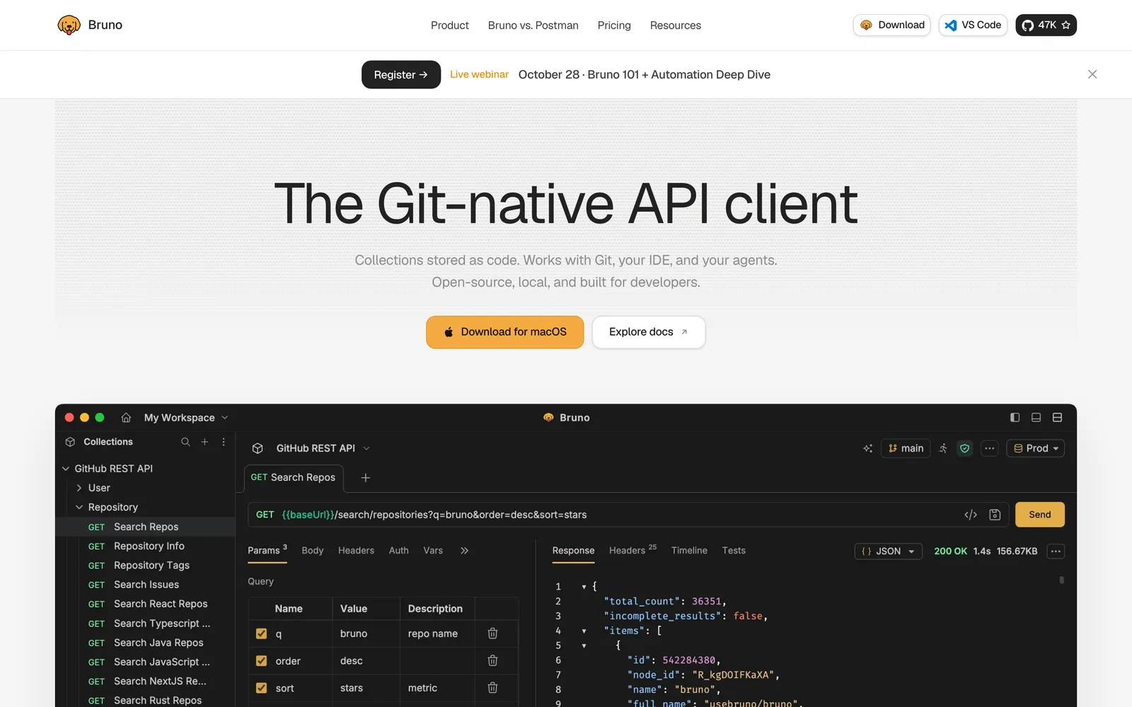 Bruno homepage: The Git-native API client
