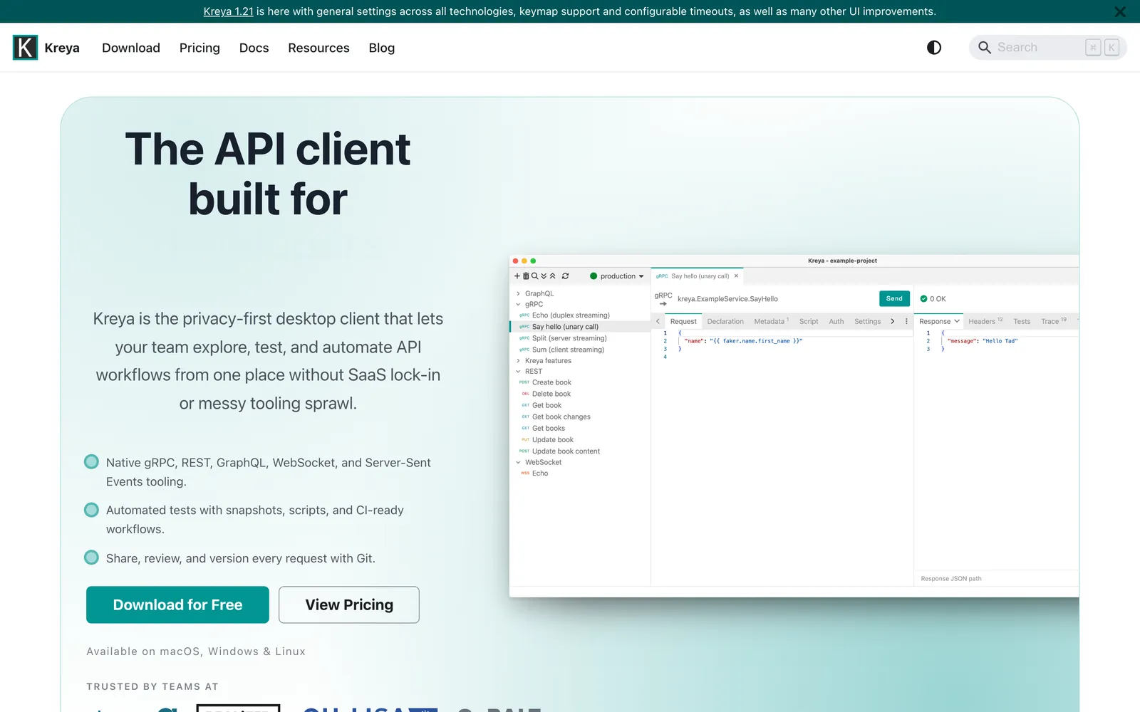Kreya homepage: Kreya, a privacy-first desktop API client