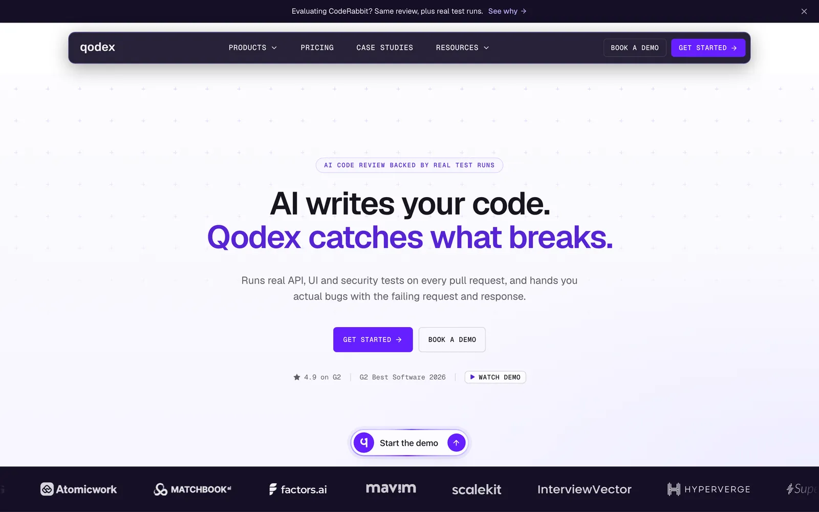 Qodex homepage: AI writes your code. Qodex catches what breaks.