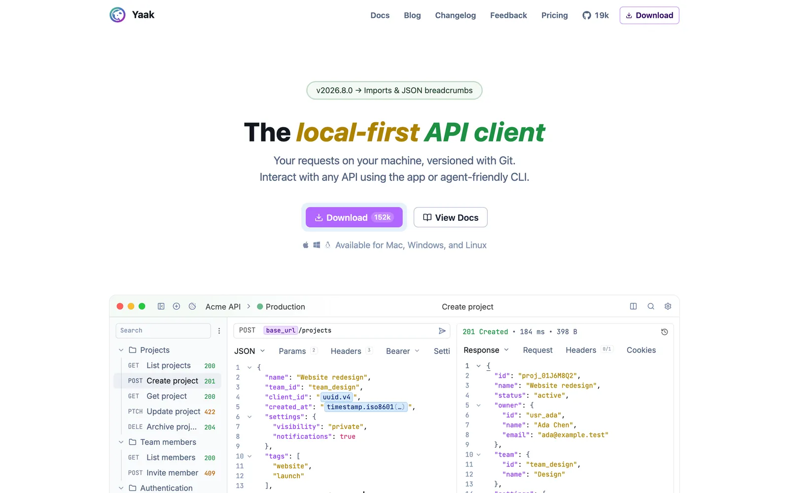 Yaak homepage: The local-first API client