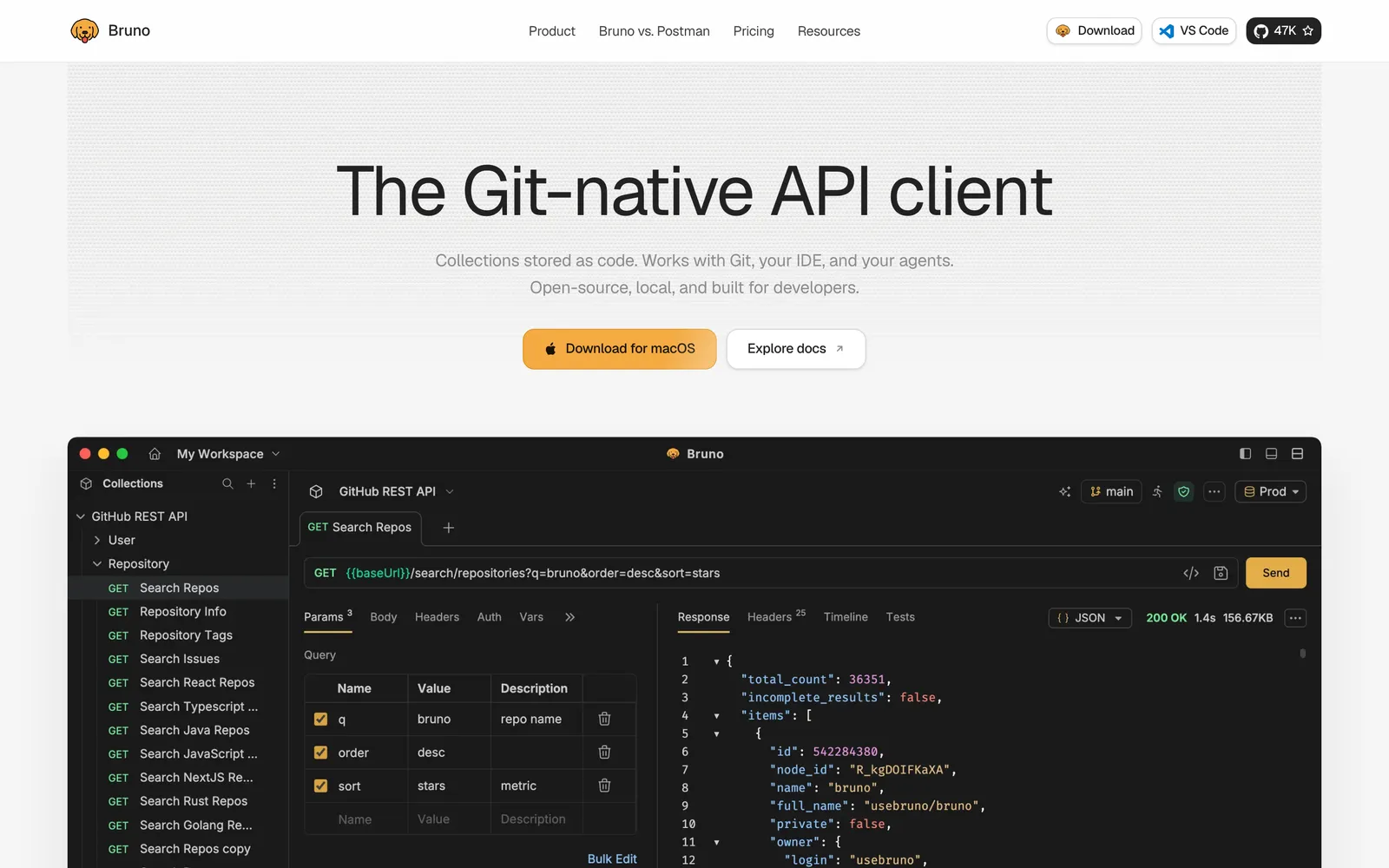 Bruno homepage: The Git-native API client