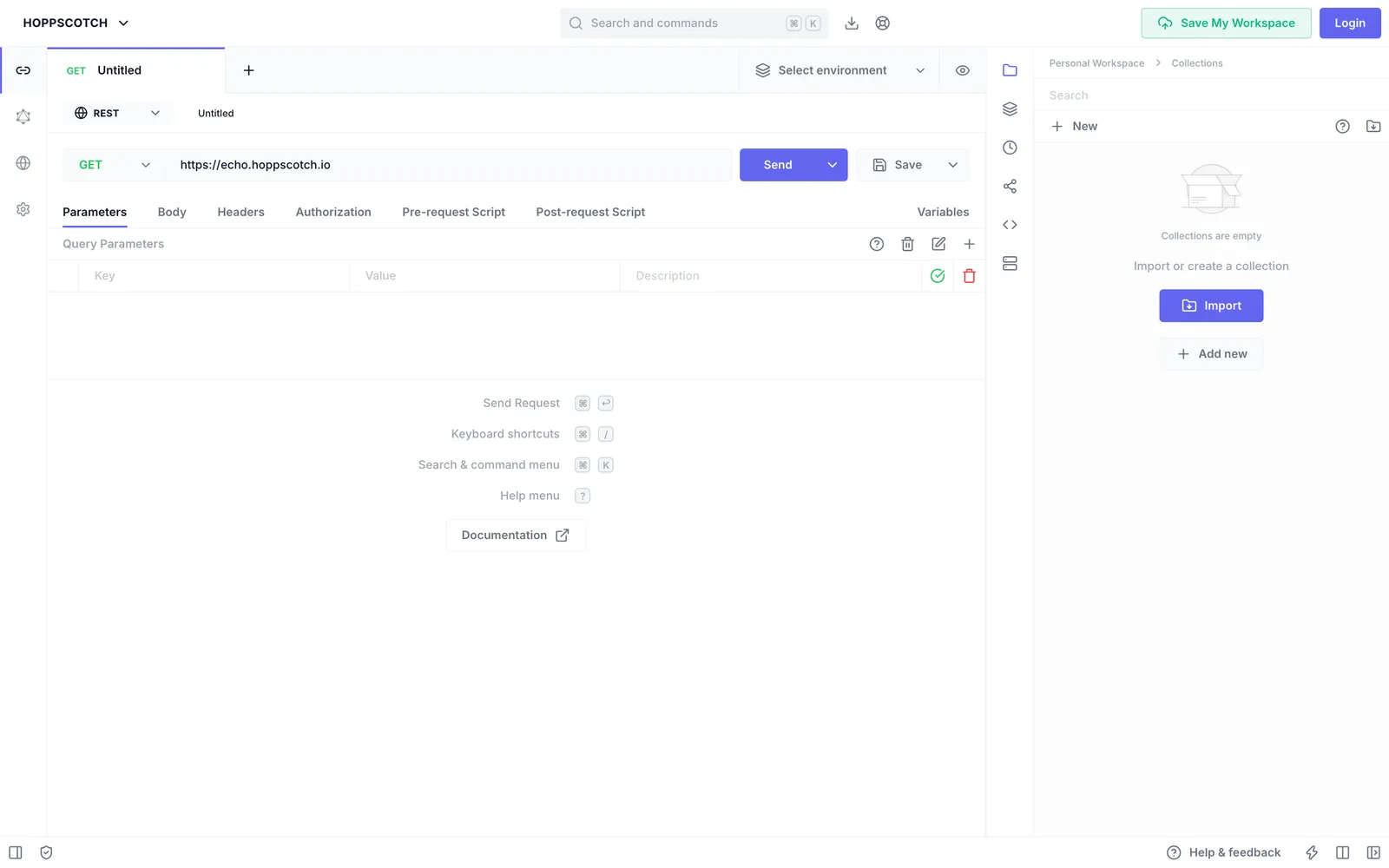 Hoppscotch homepage: Hoppscotch opens straight into its in-browser API client workspace