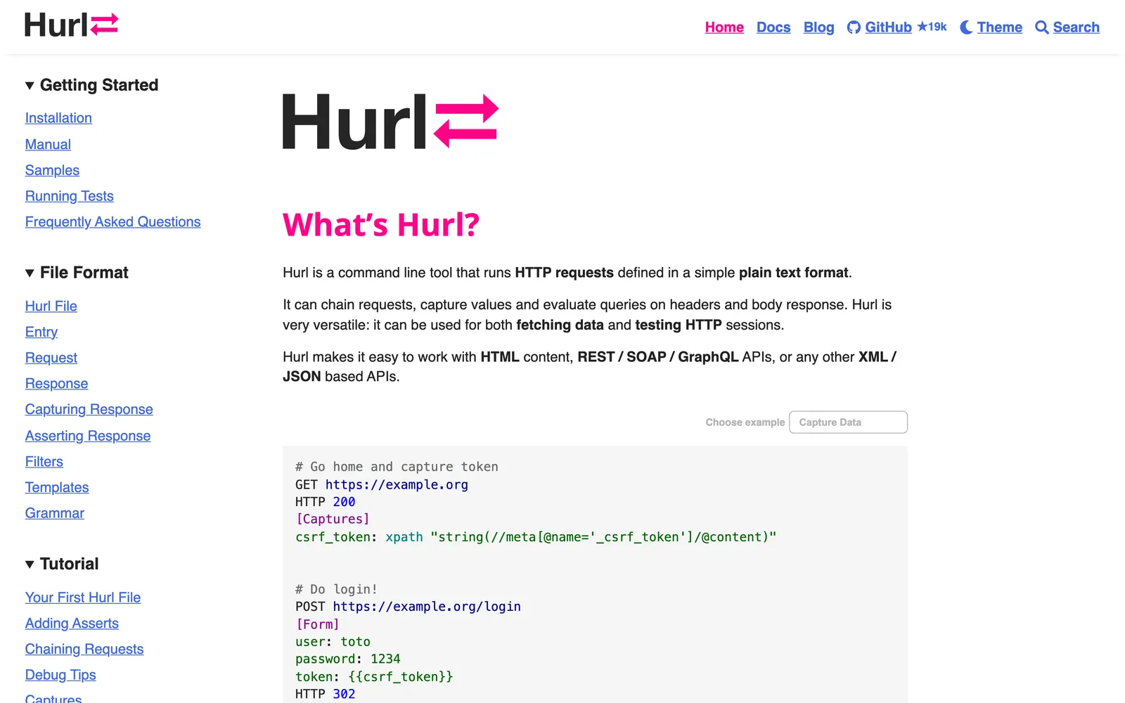 Hurl homepage: Hurl project site: a command line tool that runs HTTP requests defined in plain text