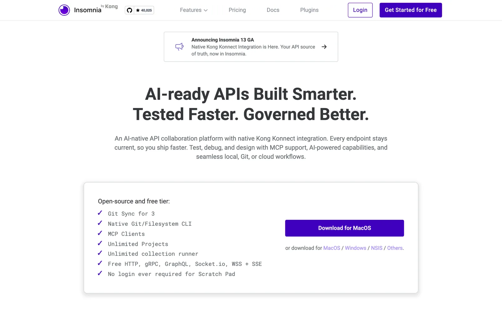 Insomnia homepage: AI-ready APIs Built Smarter. Tested Faster. Governed Better.