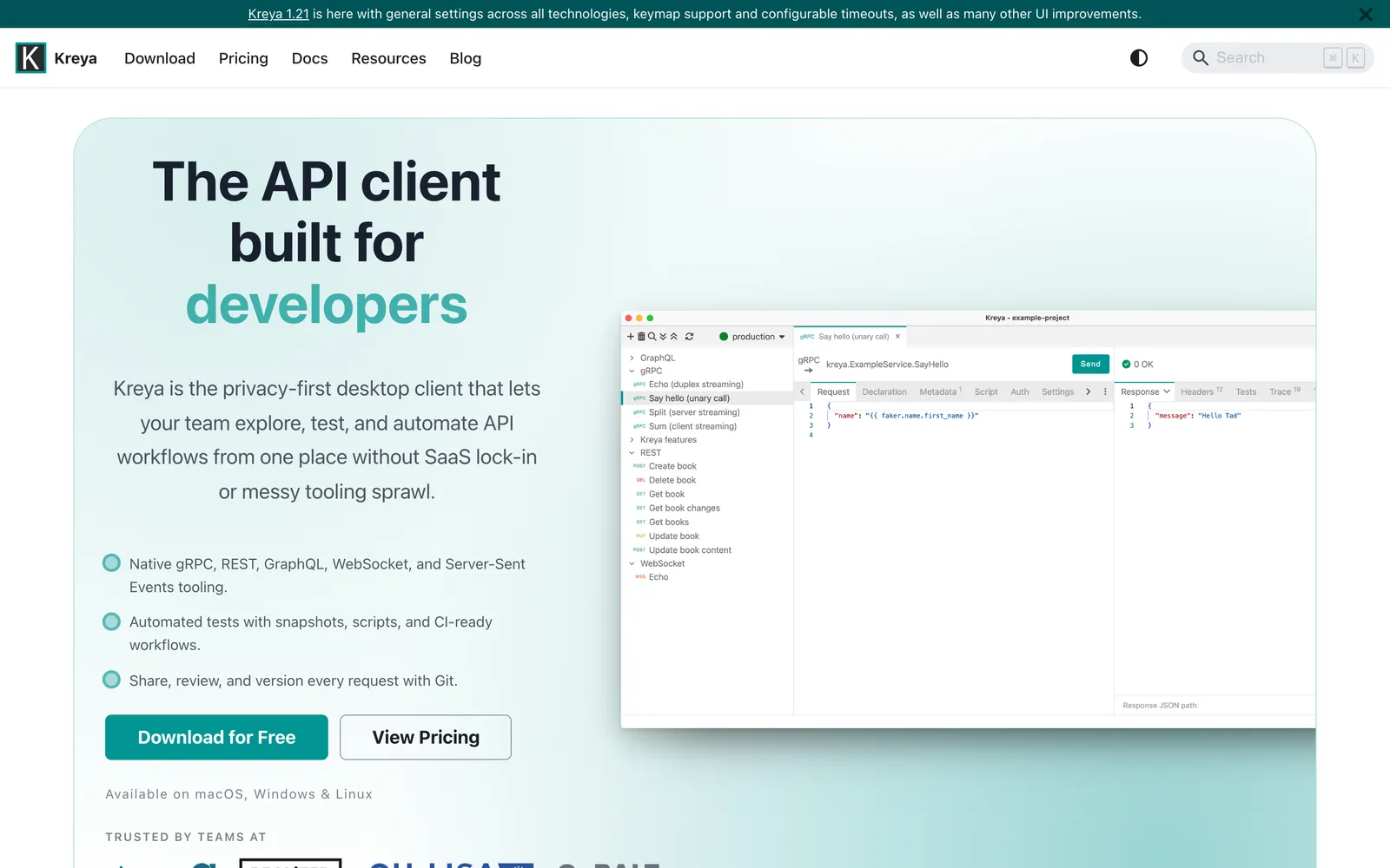 Kreya homepage: The API client built for developers