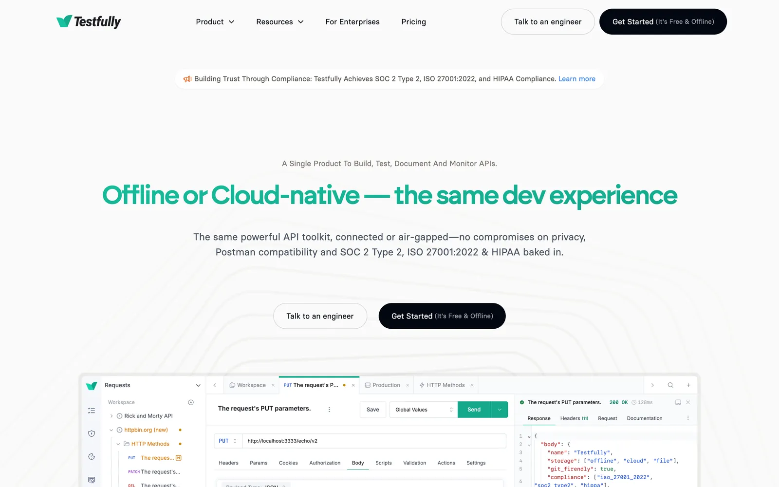 Testfully homepage: Offline or Cloud-native, the same dev experience