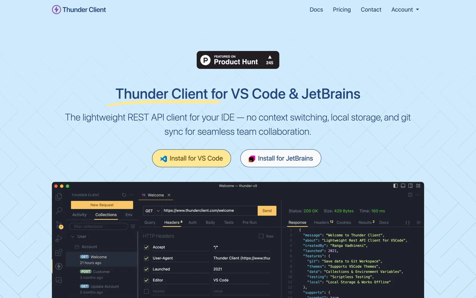 Thunder Client homepage: Thunder Client for VS Code and JetBrains