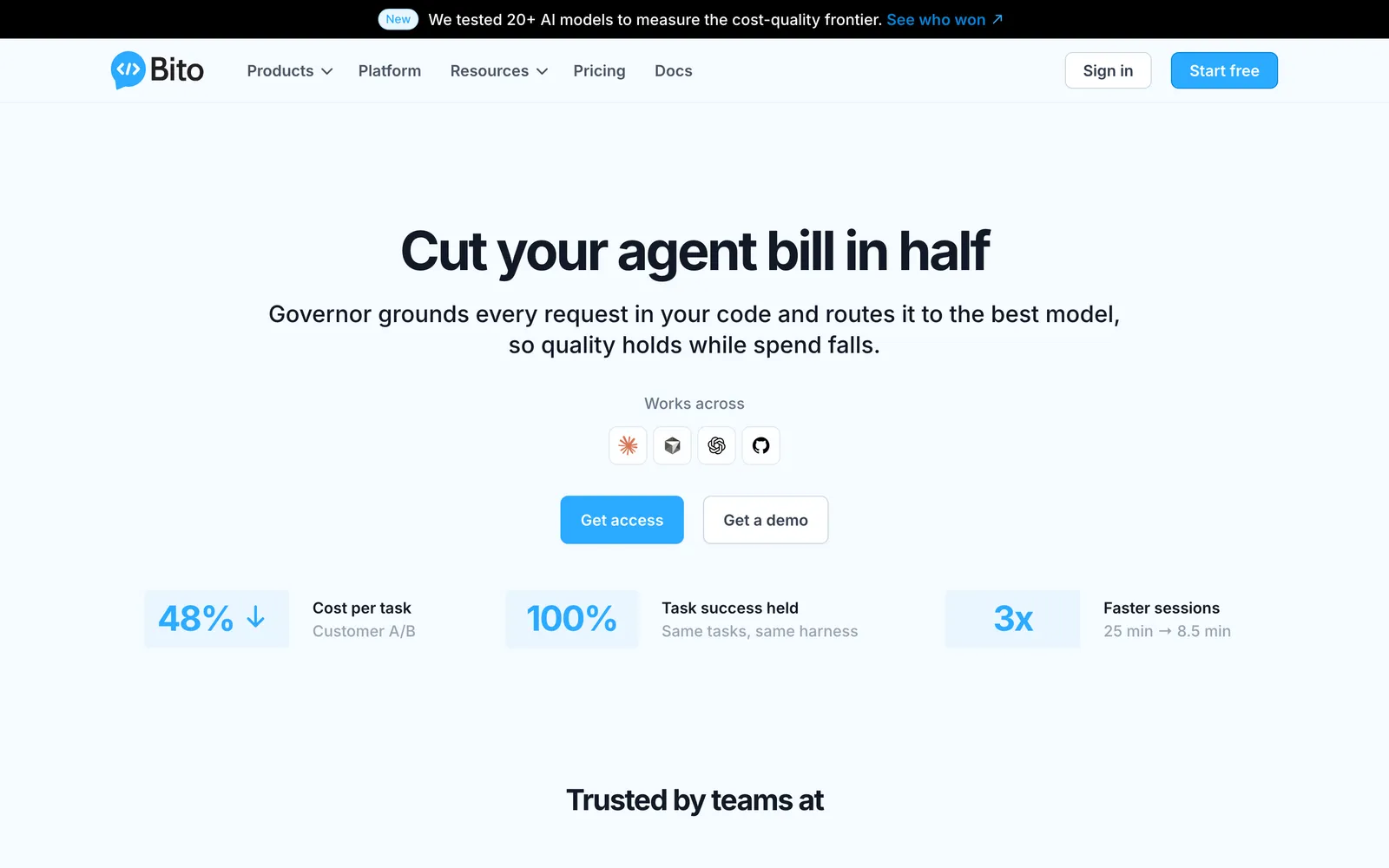 Bito homepage, showing the headline Cut your agent bill in half.