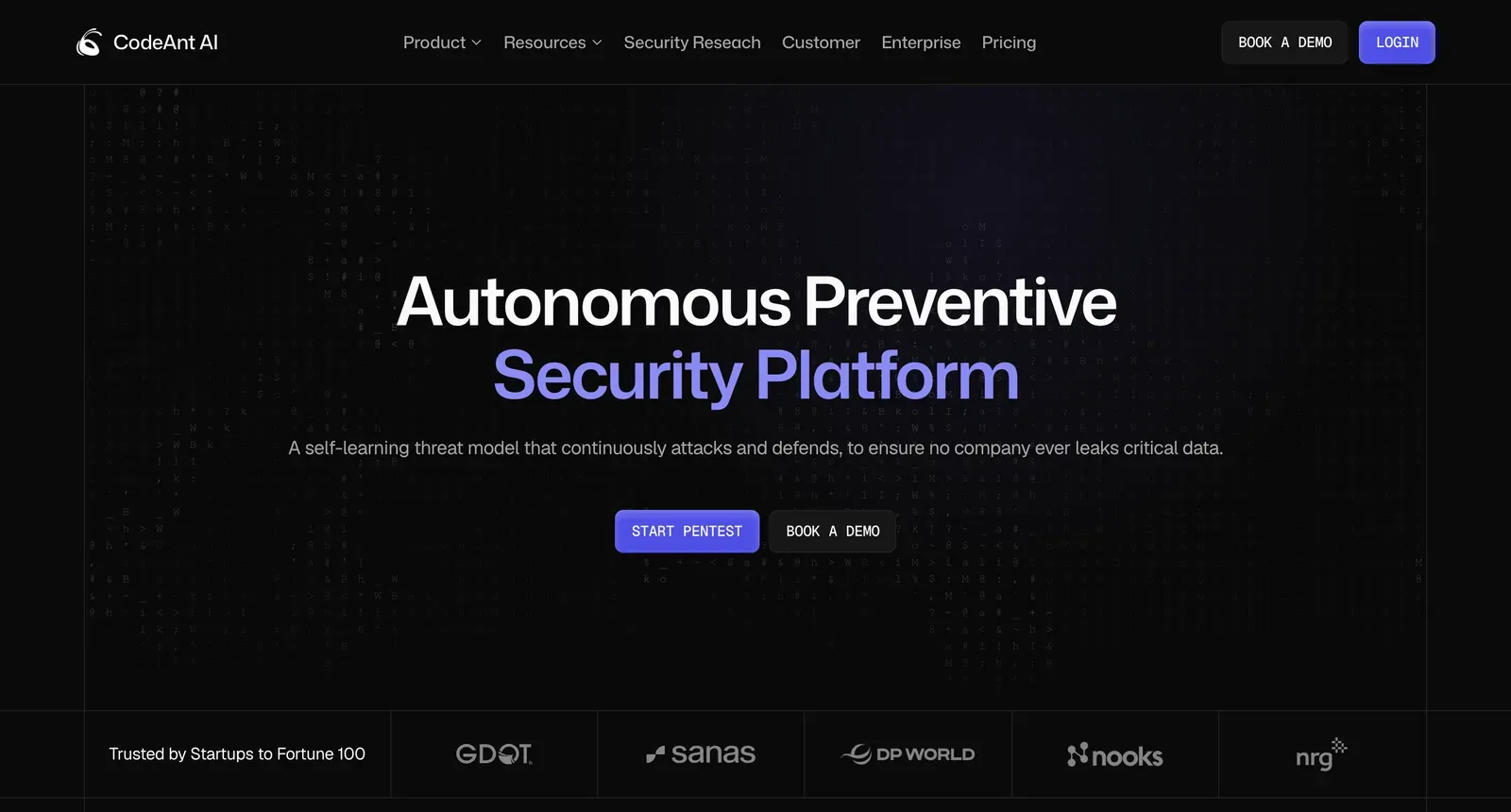 CodeAnt AI homepage: Autonomous Preventive Security Platform