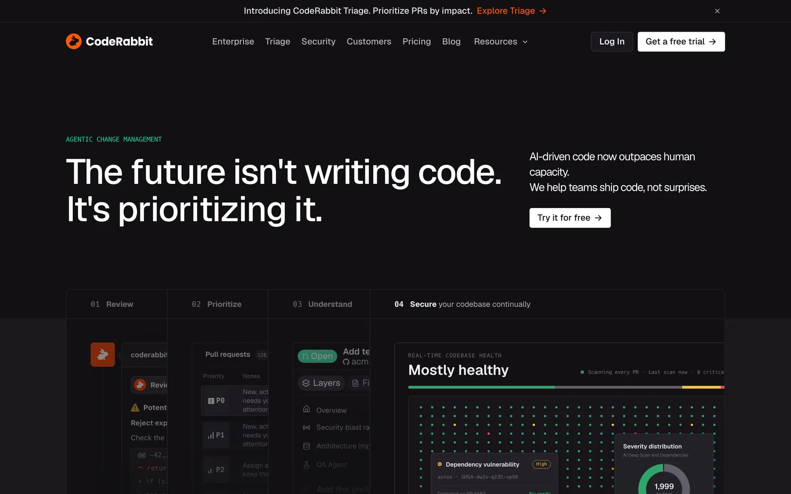 CodeRabbit homepage: The future isn't writing code. It's prioritizing it.