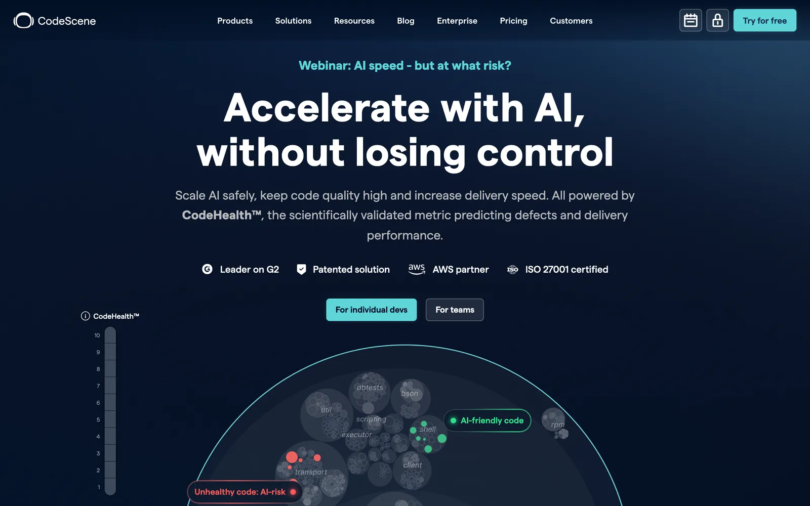 CodeScene homepage, showing the headline Accelerate with AI, without losing control.