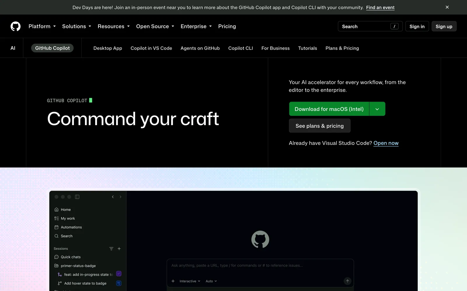 GitHub Copilot homepage, showing the headline Command your craft and the line Your AI accelerator for every workflow, from the editor to the enterprise.