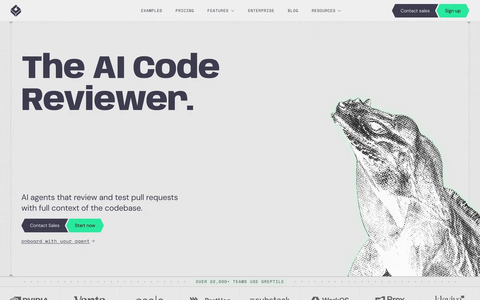 Greptile homepage: The AI Code Reviewer: agents that review and test pull requests with full context of the codebase