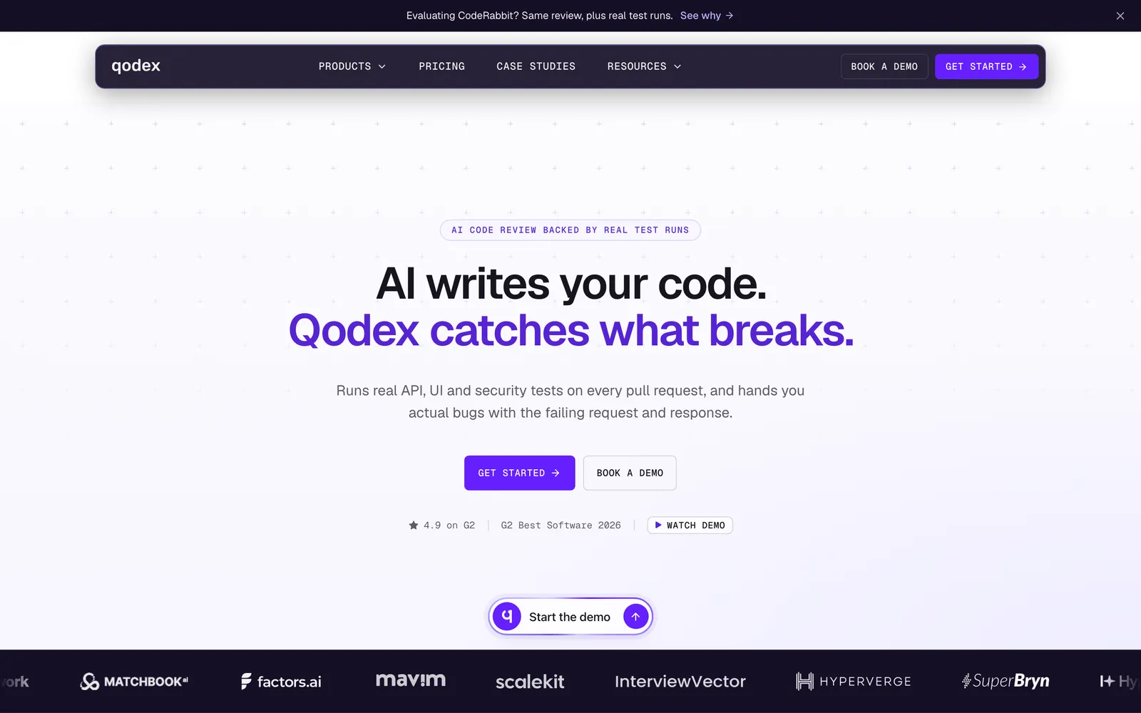 Qodex homepage: AI writes your code. Qodex catches what breaks.