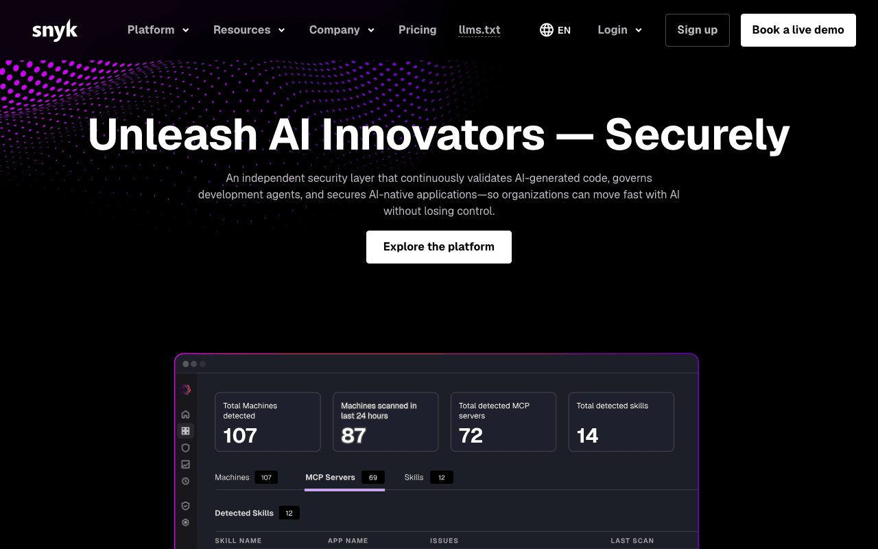 Snyk homepage, September 2026