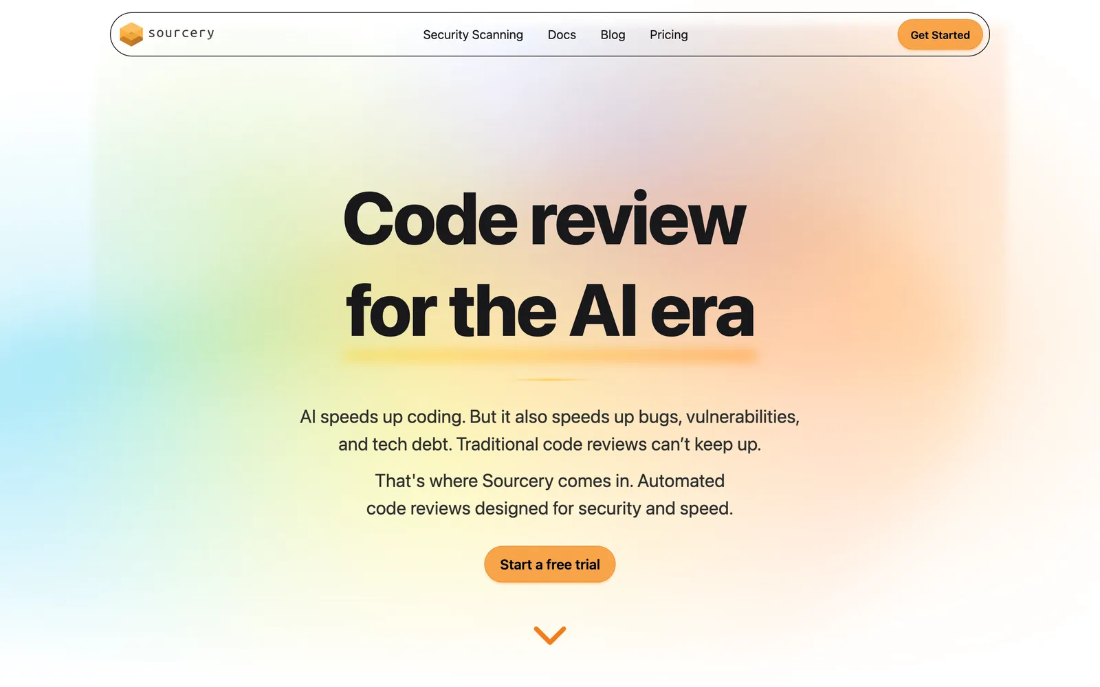 Sourcery homepage, showing the headline Code review for the AI era.