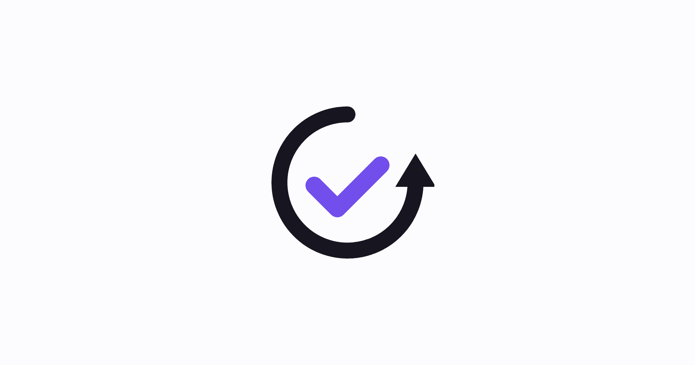 A circular rewind arrow with a purple check mark inside, centered on a light background