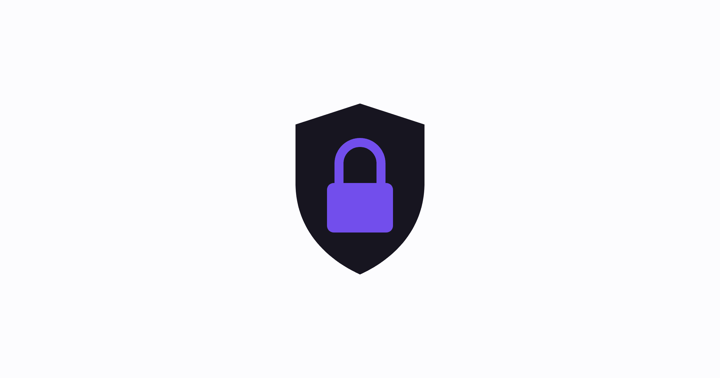 A dark shield with a purple padlock, centered on a light background