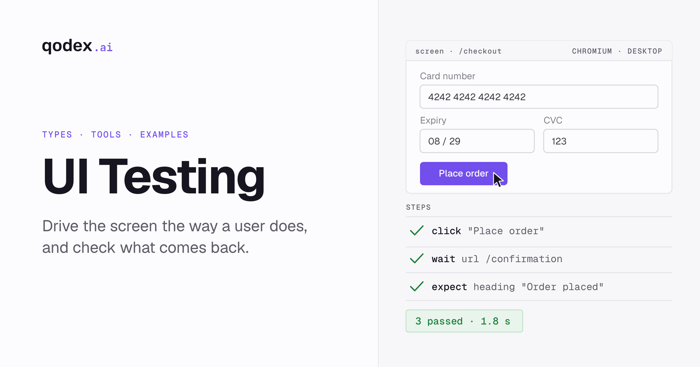 UI testing cover: a checkout screen, then click, wait, expect, three passed