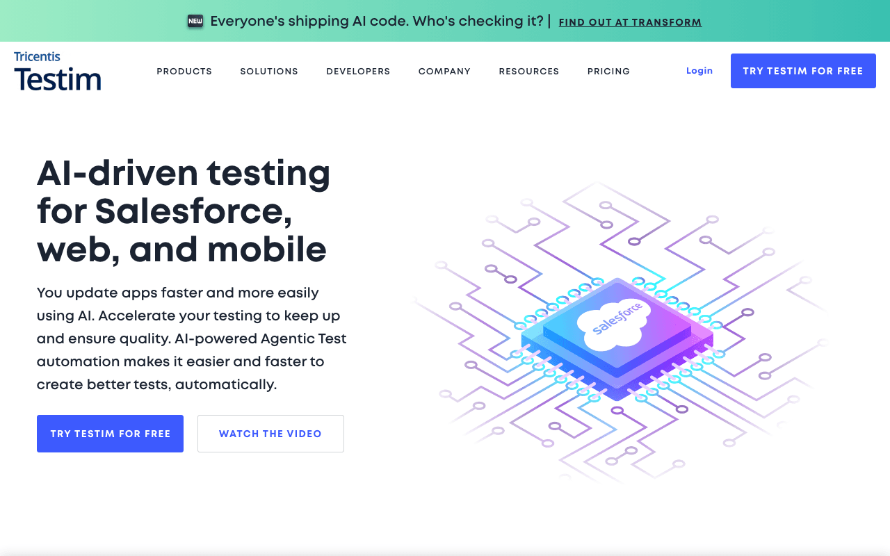 Tricentis Testim homepage, August 2026