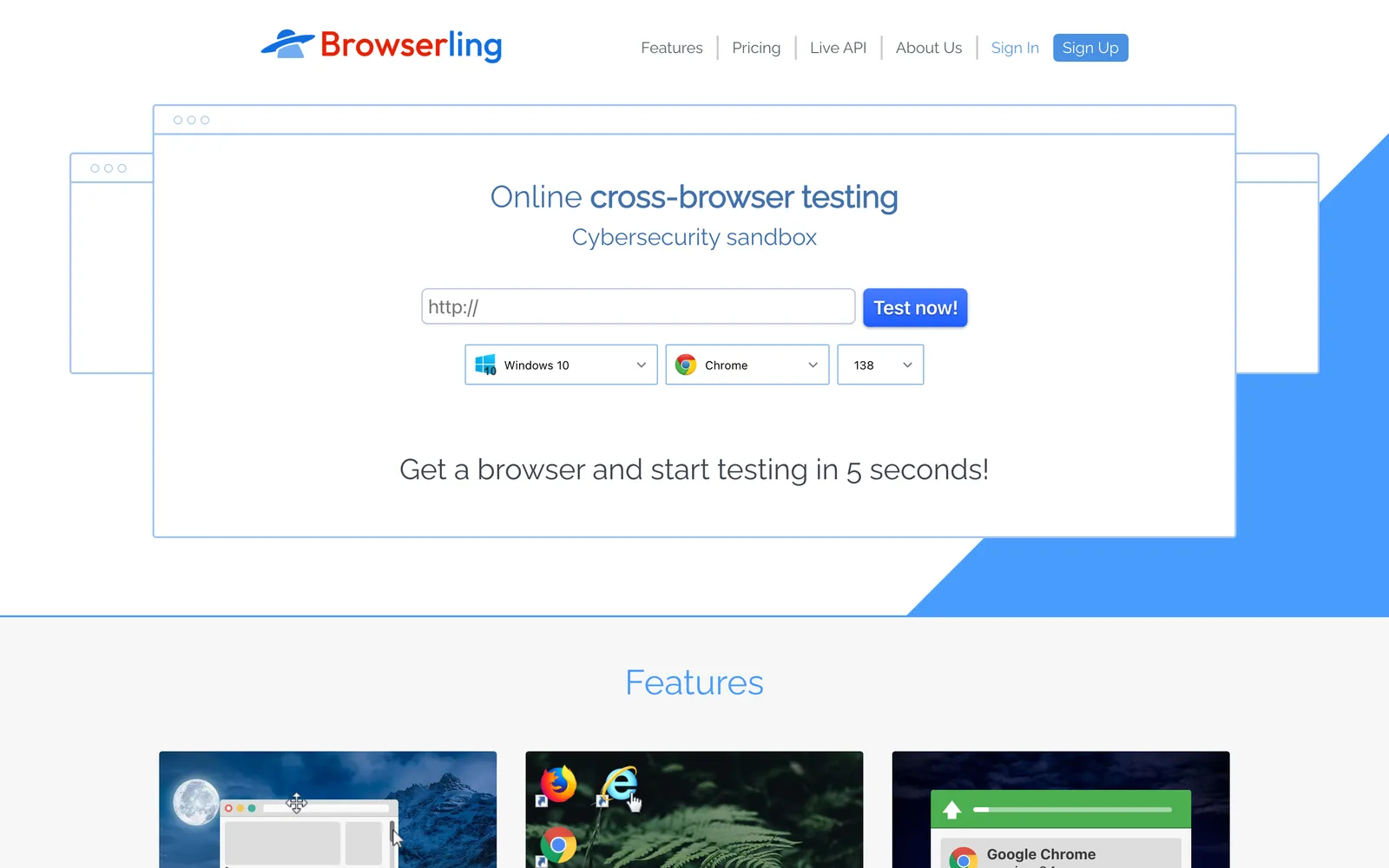 Browserling homepage: Online cross-browser testing and cybersecurity sandbox