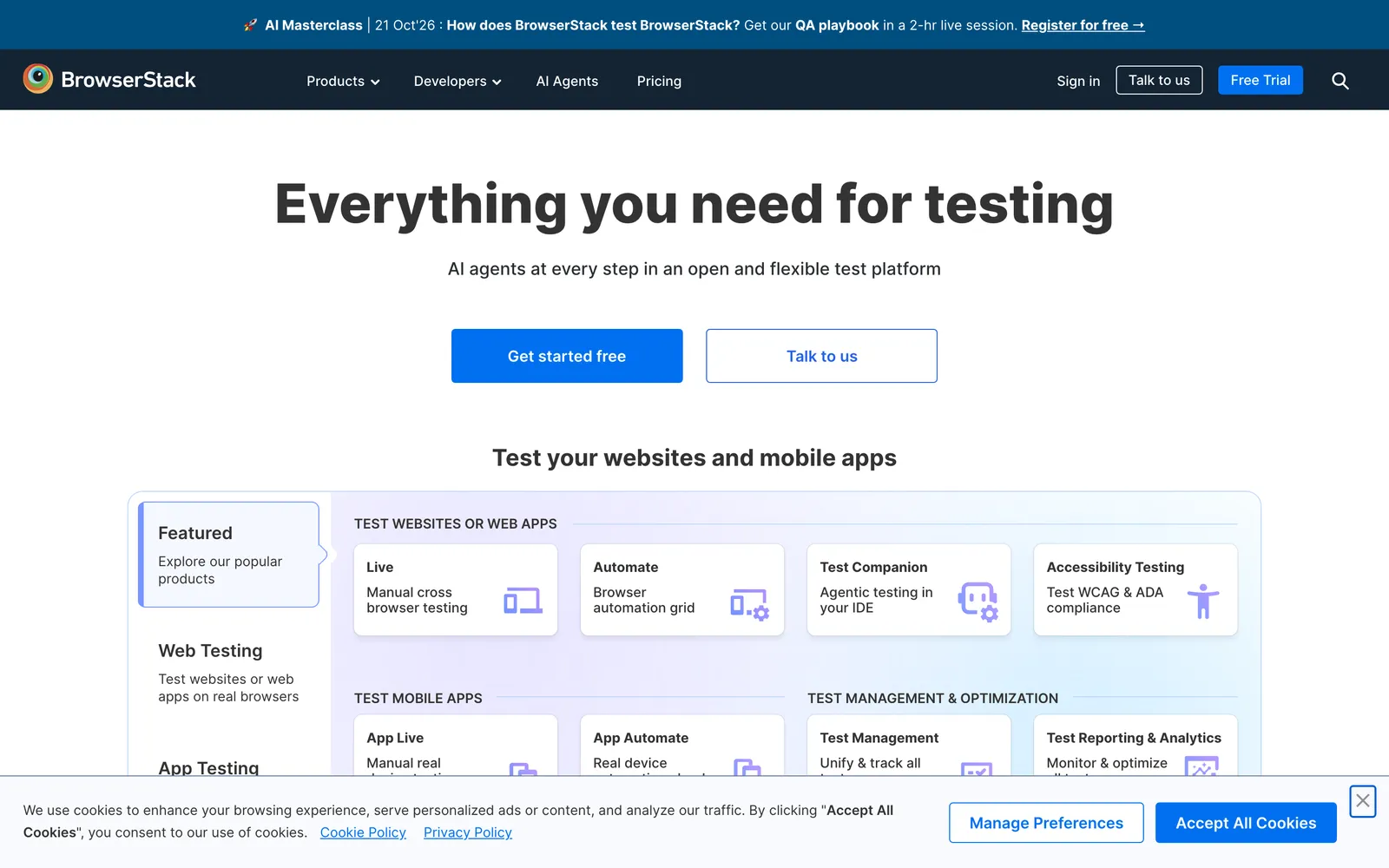 BrowserStack homepage: Everything you need for testing