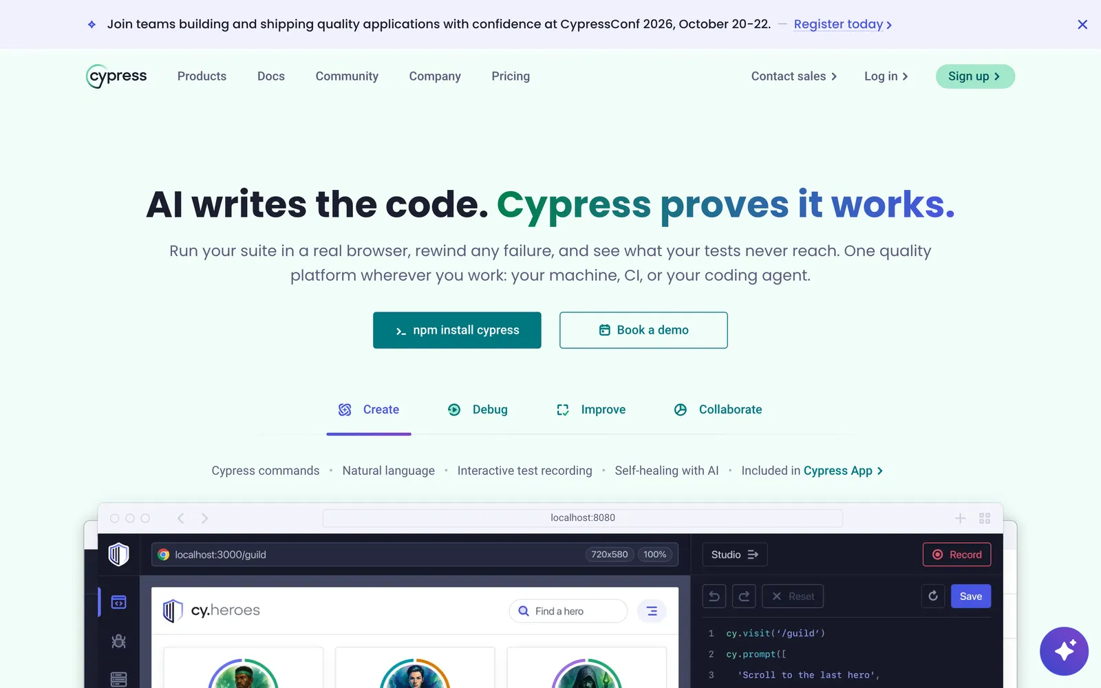 Cypress homepage: AI writes the code. Cypress proves it works.