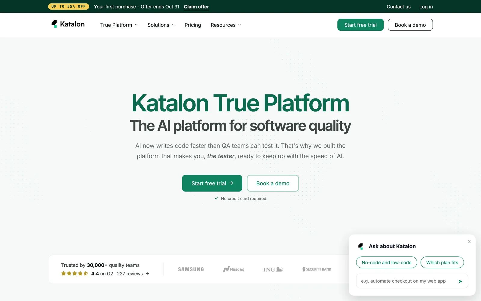 Katalon homepage: Katalon True Platform: The AI platform for software quality