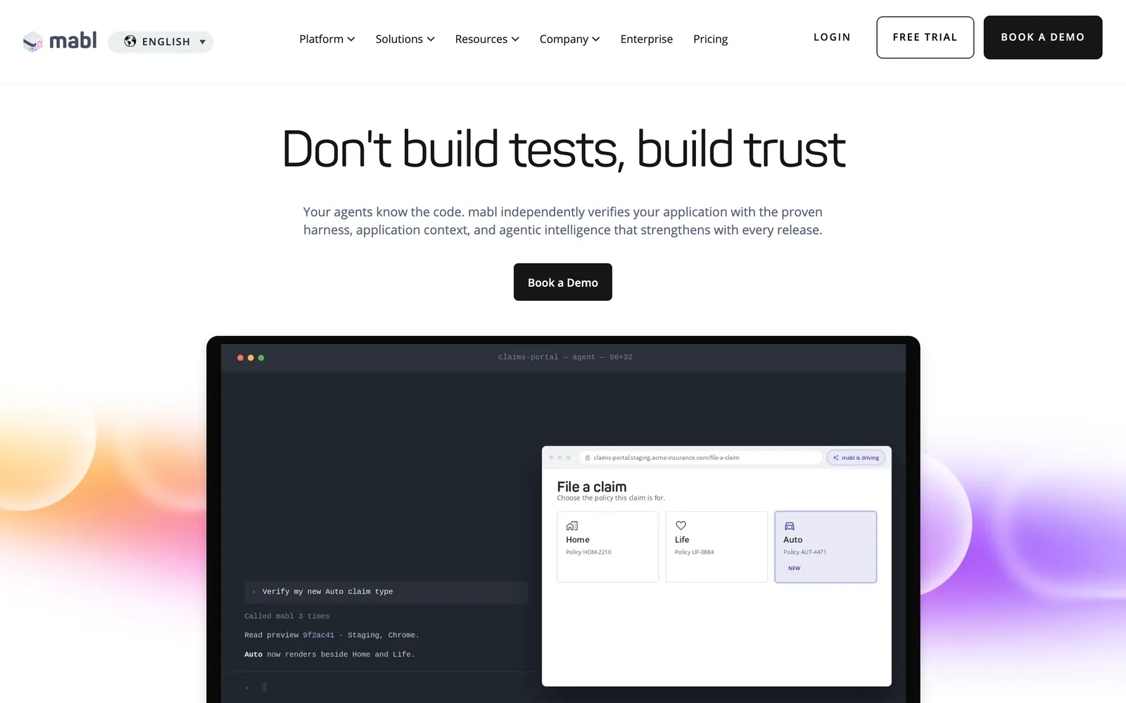 mabl homepage: Don't build tests, build trust