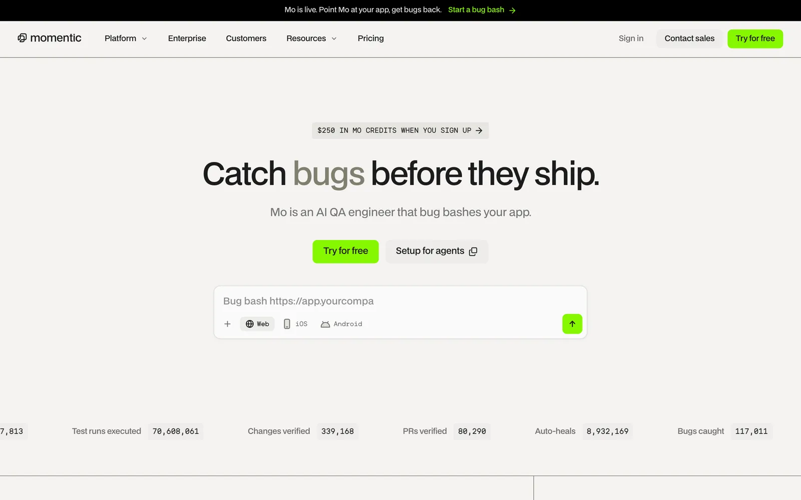 Momentic homepage: Catch bugs before they ship