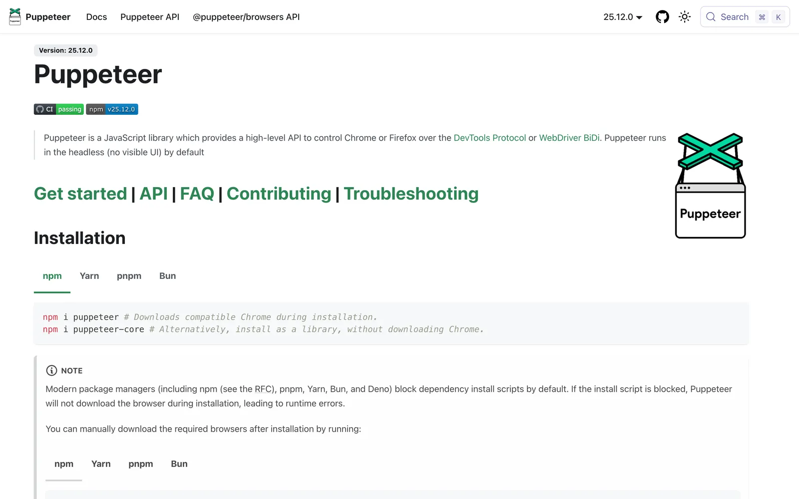 Puppeteer homepage: Puppeteer docs home with its install commands