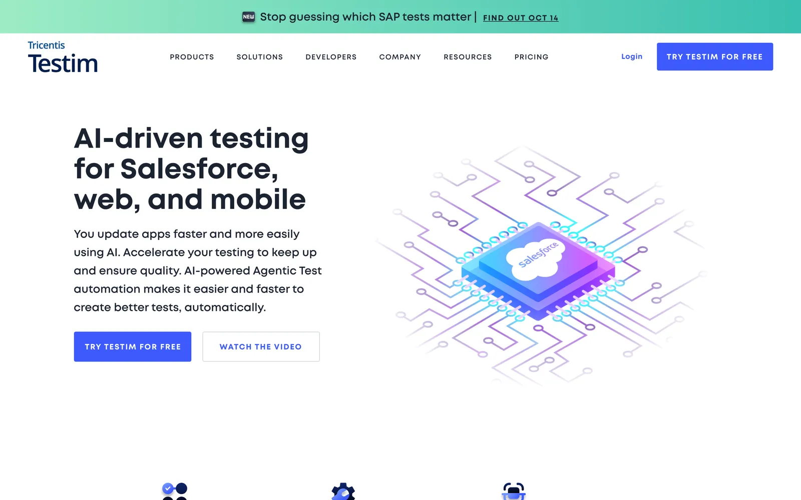 Tricentis Testim homepage: AI-driven testing for Salesforce, web, and mobile