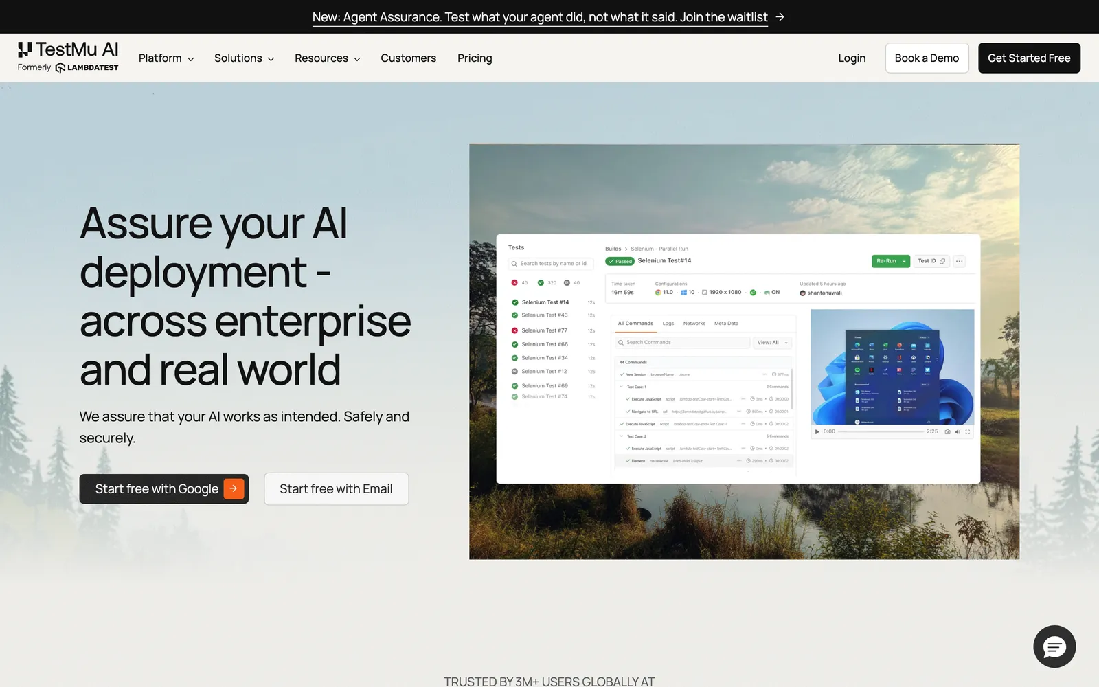 TestMu AI homepage: TestMu AI, formerly LambdaTest: Assure your AI deployment across enterprise and real world
