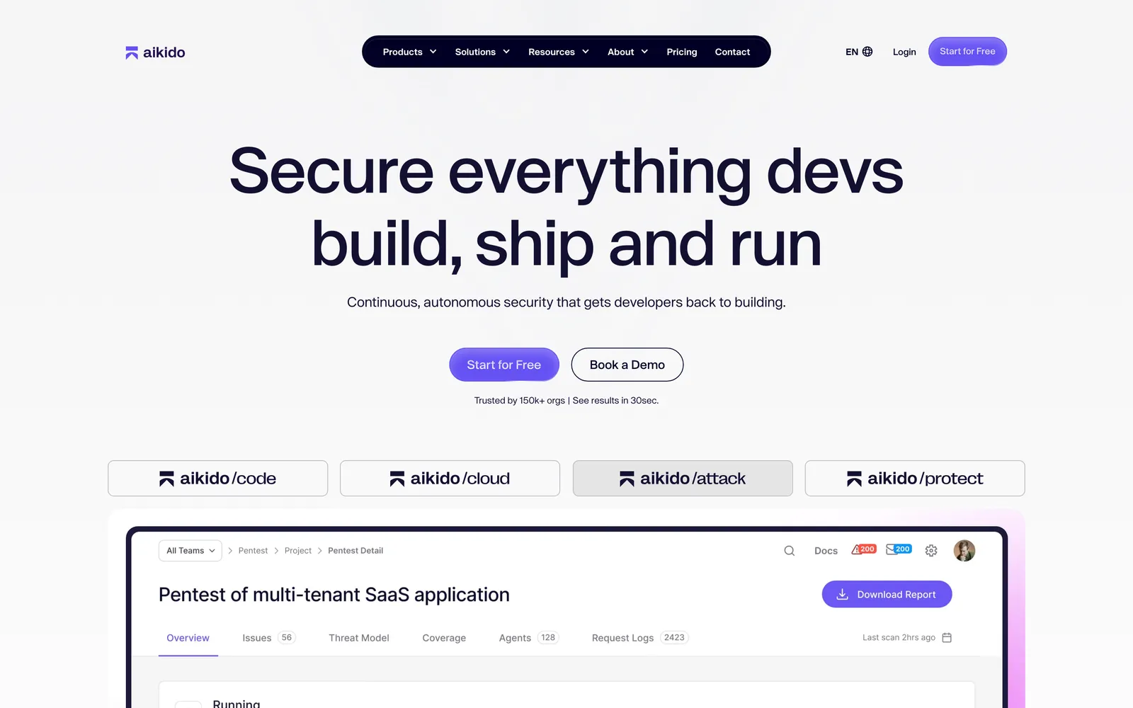 Aikido homepage: Secure everything devs build, ship and run