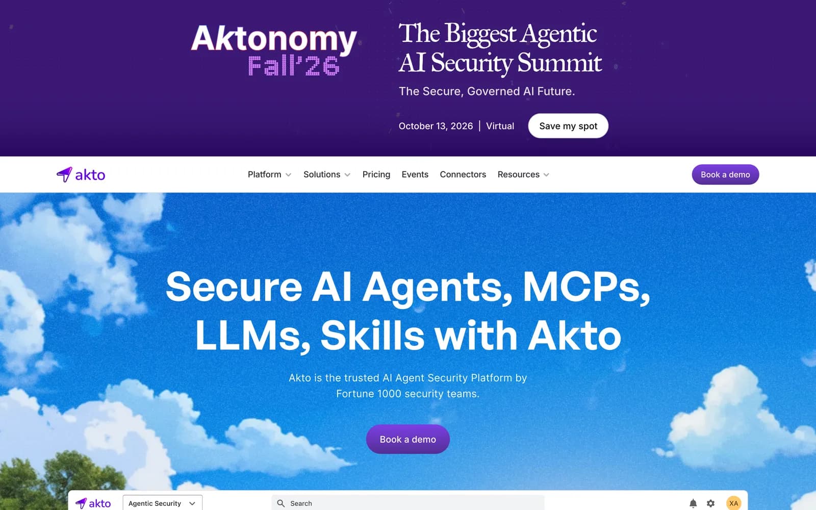 Akto homepage: Secure AI Agents, MCPs, LLMs, Skills with Akto