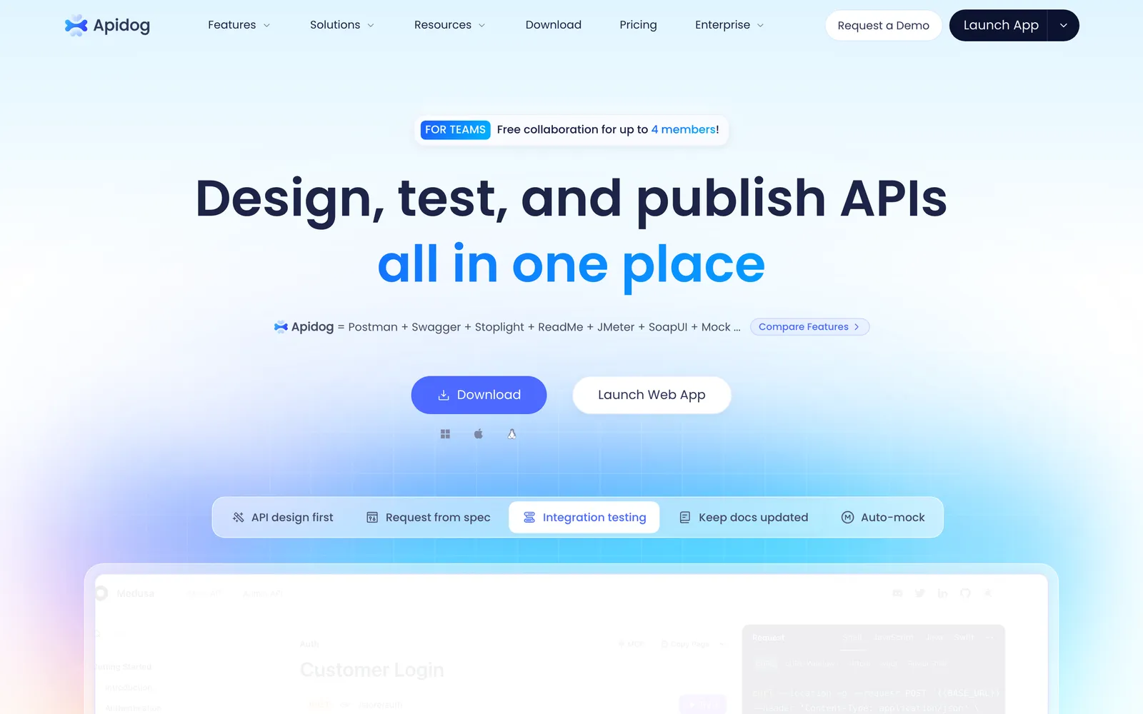 Apidog homepage: Design, test, and publish APIs all in one place
