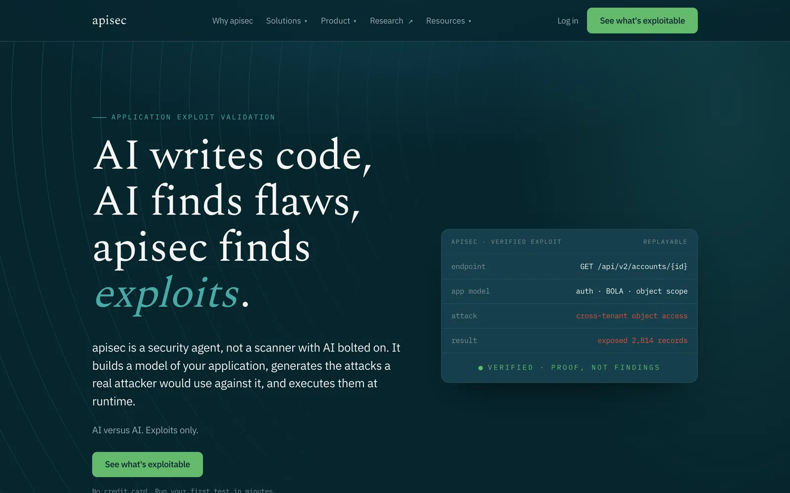 APIsec homepage: AI writes code, AI finds flaws, apisec finds exploits