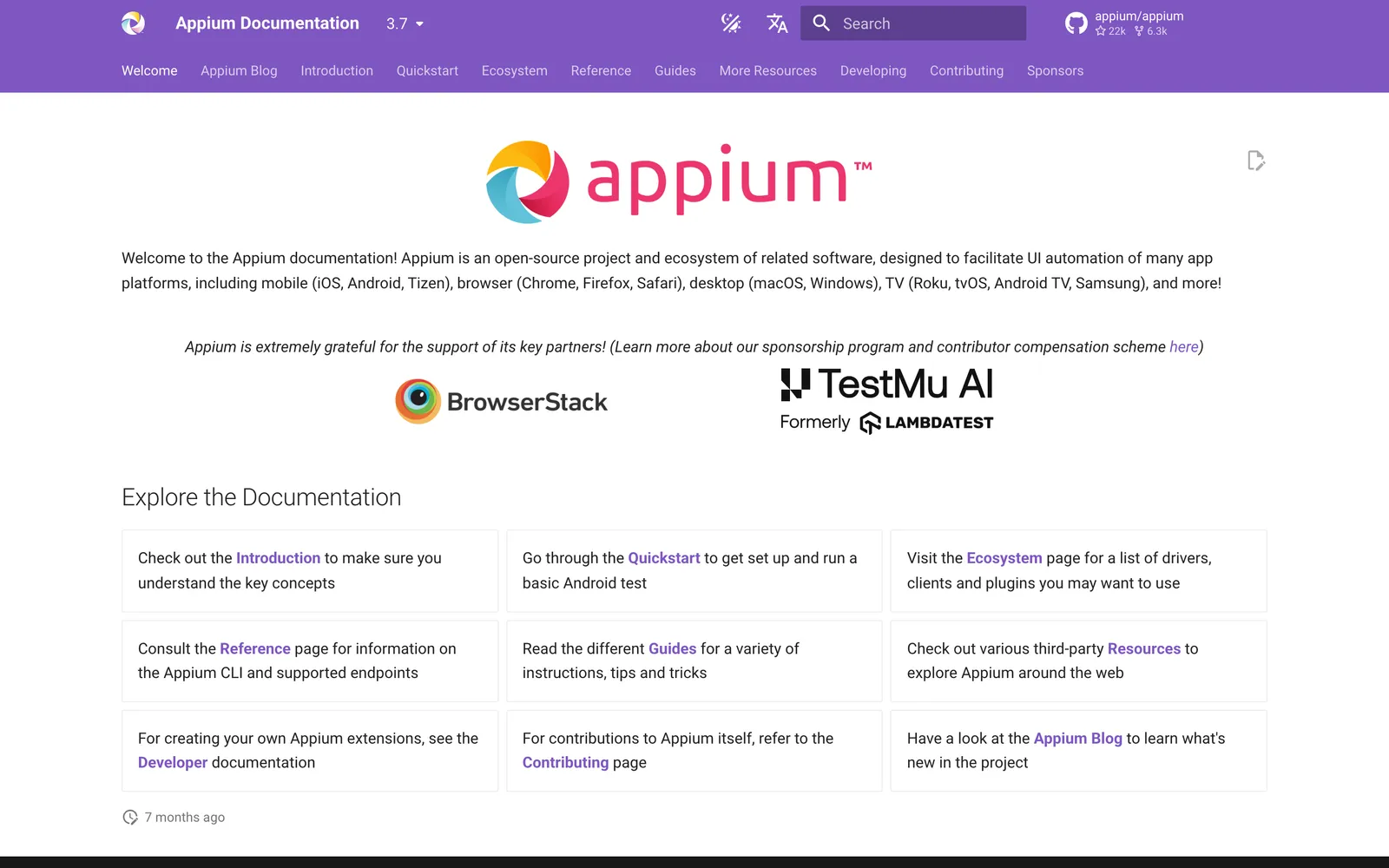 Appium homepage: Appium documentation home, an open-source project for UI automation across app platforms