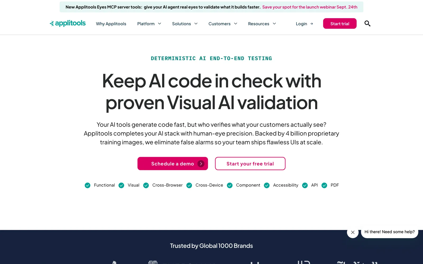 Applitools homepage: Keep AI code in check with proven Visual AI validation