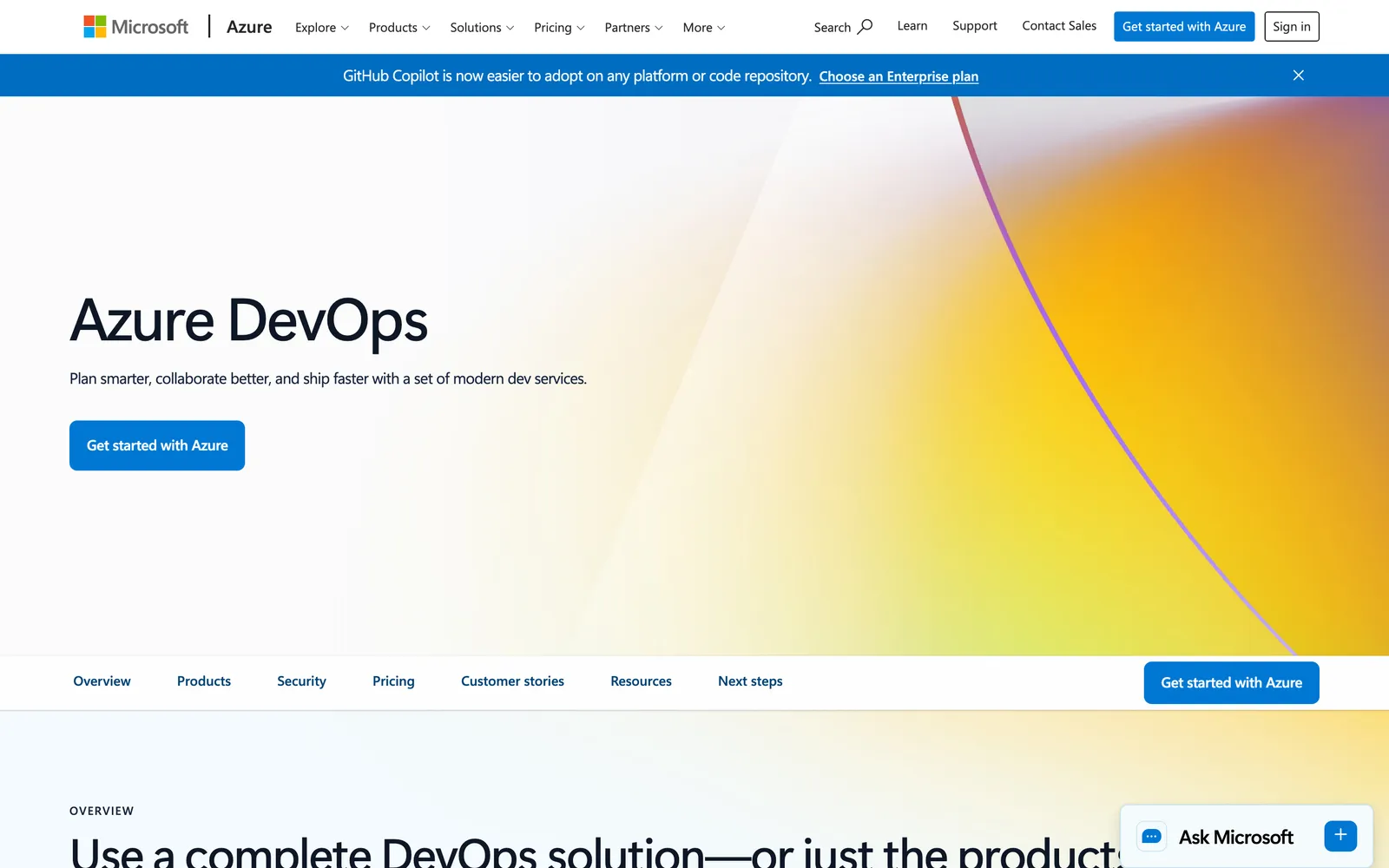 Azure DevOps homepage: Azure DevOps: Plan smarter, collaborate better, and ship faster