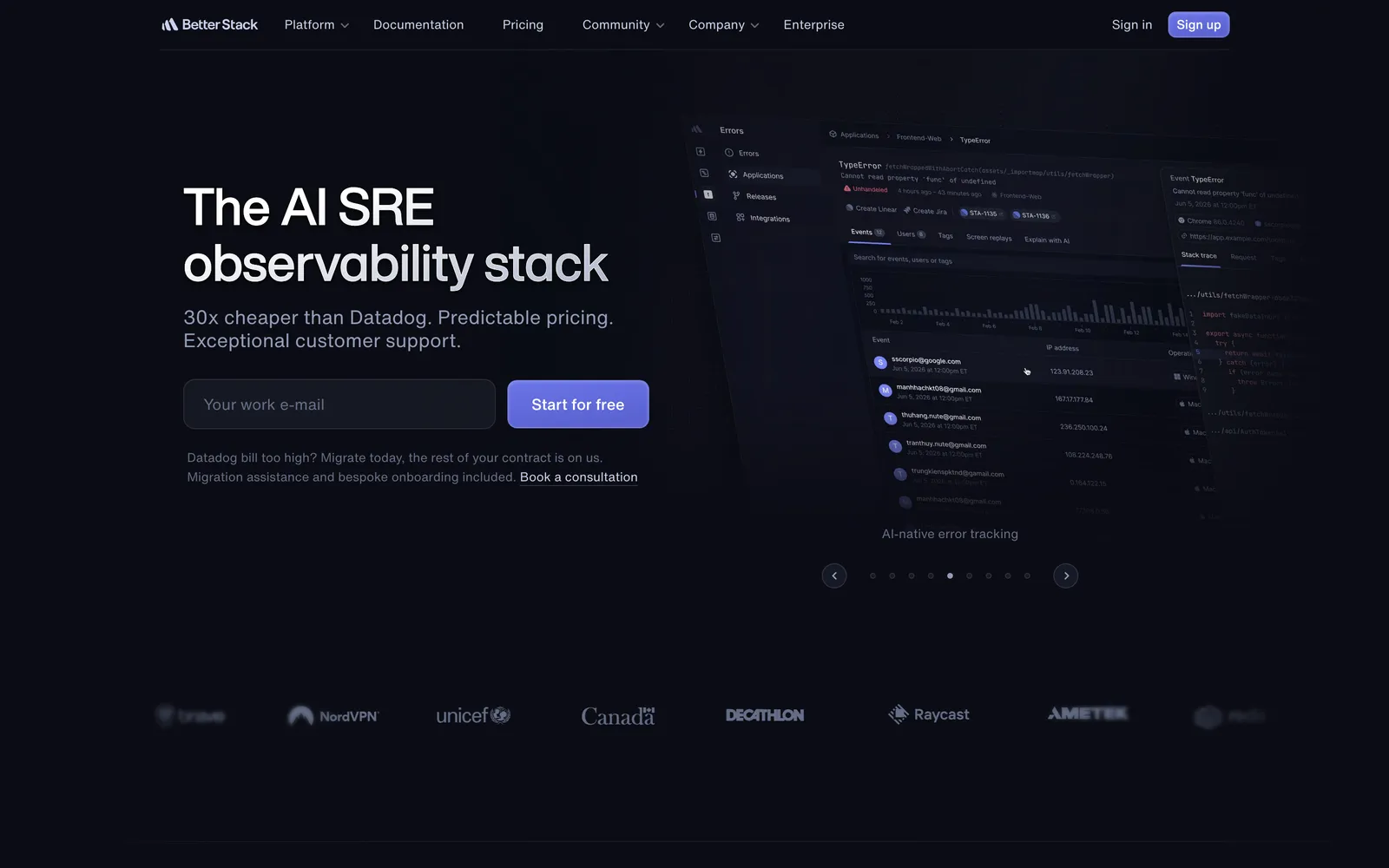 Better Stack homepage: The AI SRE observability stack