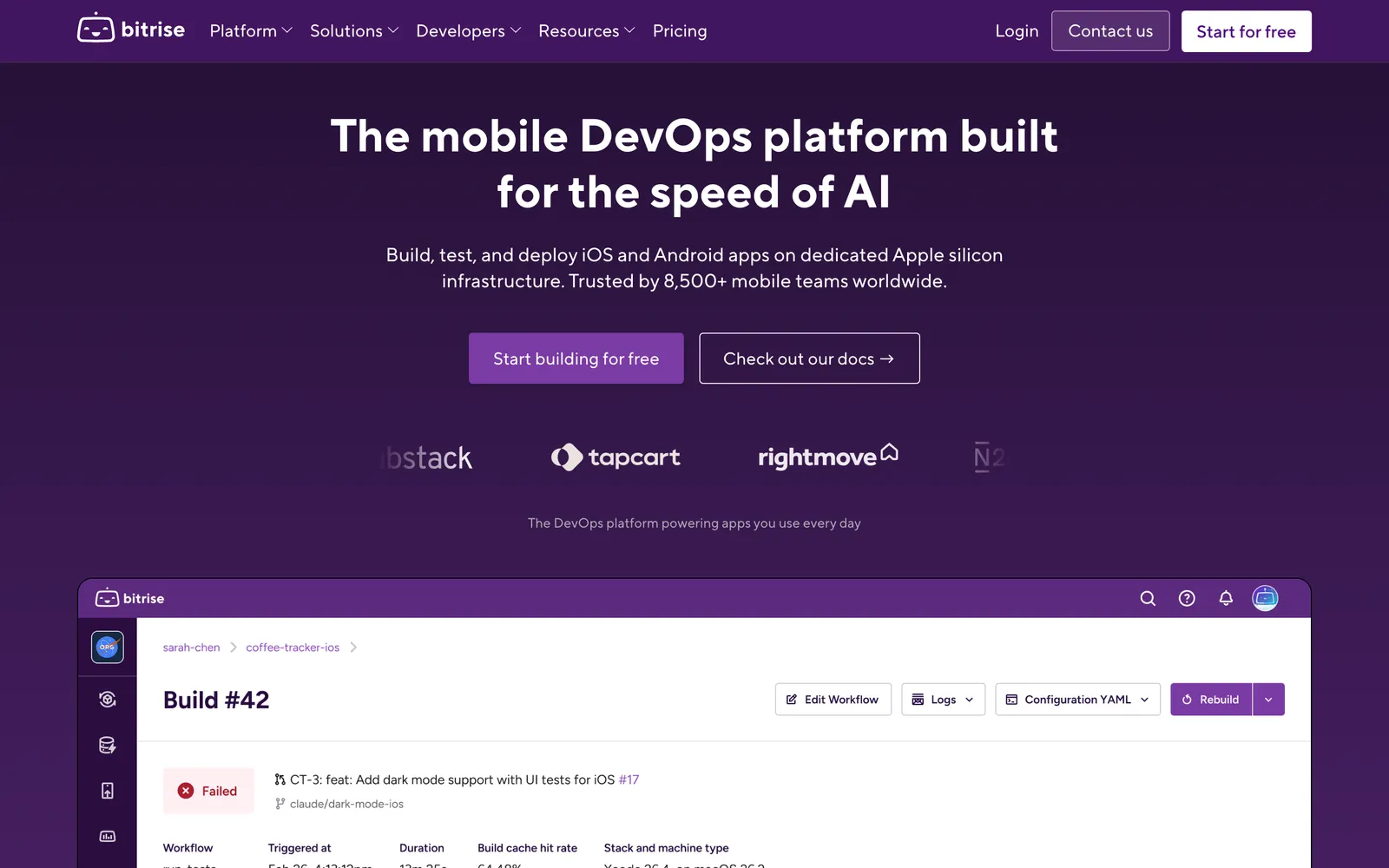 Bitrise homepage: The mobile DevOps platform built for the speed of AI