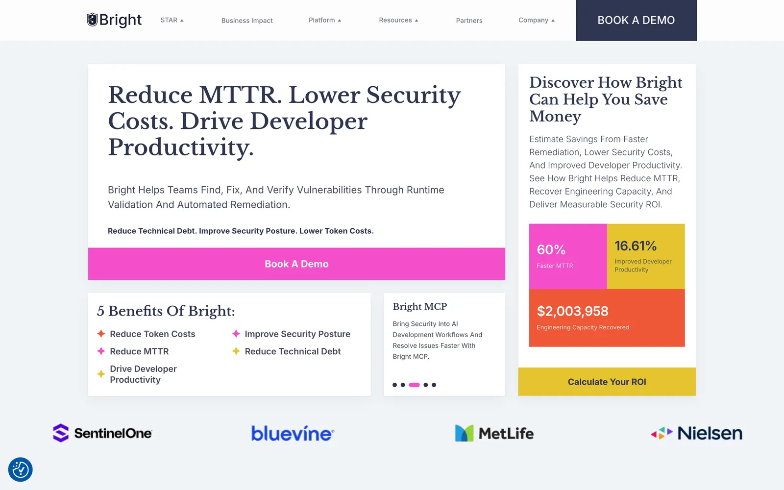 Bright Security homepage: Reduce MTTR. Lower Security Costs. Drive Developer Productivity.