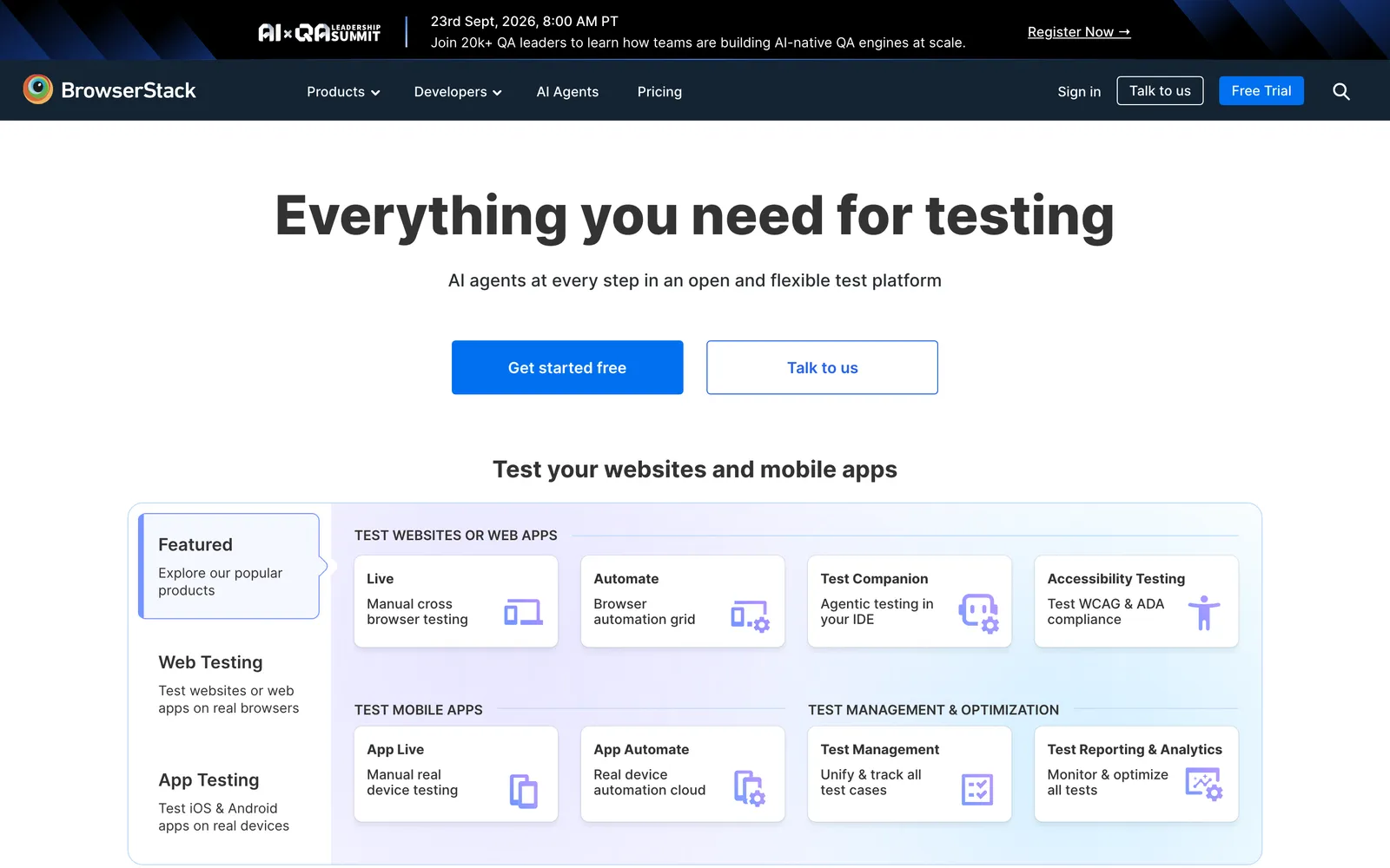 BrowserStack homepage: Everything you need for testing