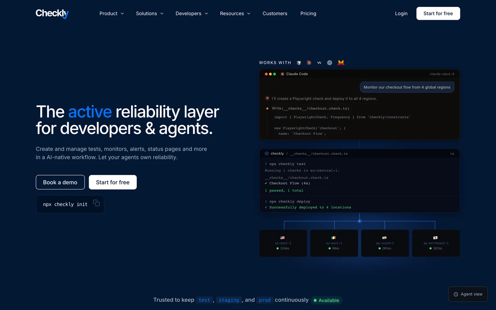 Checkly homepage: The active reliability layer for developers and agents