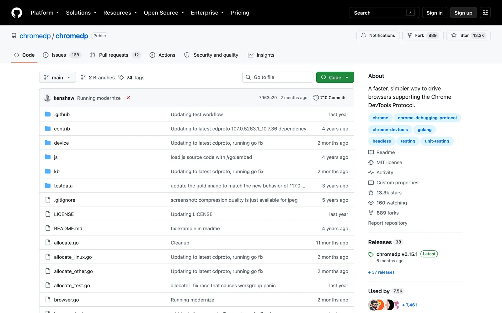 chromedp repository: GitHub repository chromedp/chromedp, a faster, simpler way to drive browsers over the Chrome DevTools Protocol