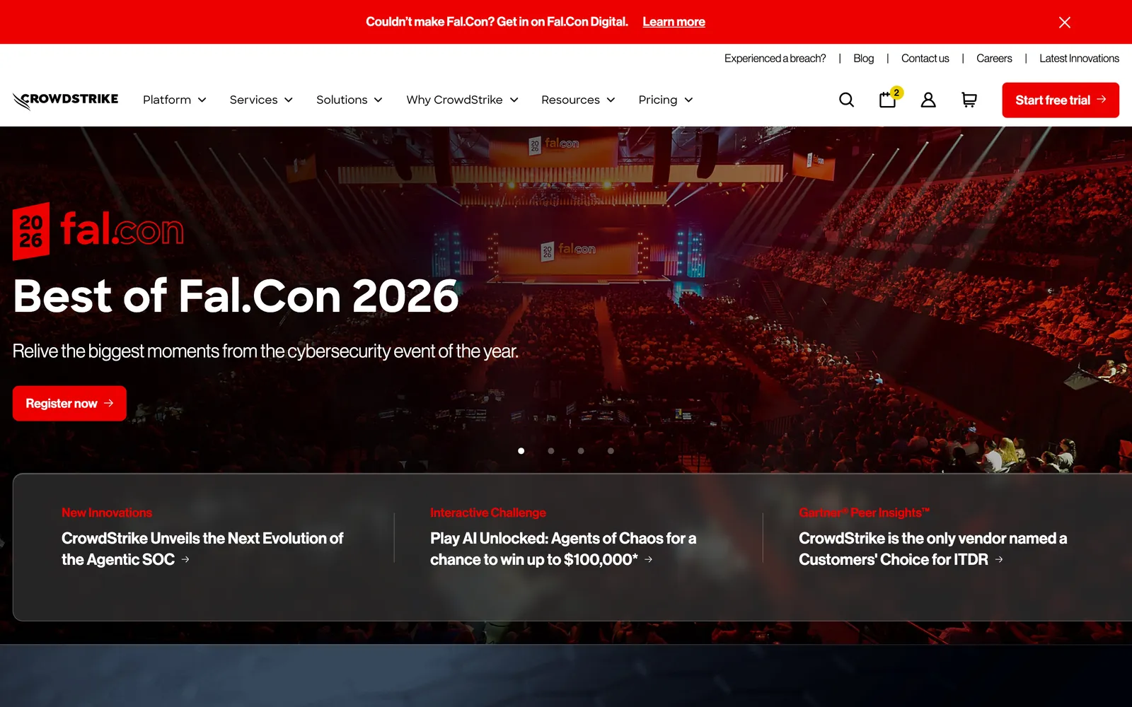 CrowdStrike Falcon homepage: CrowdStrike homepage leading with Best of Fal.Con 2026, its security event
