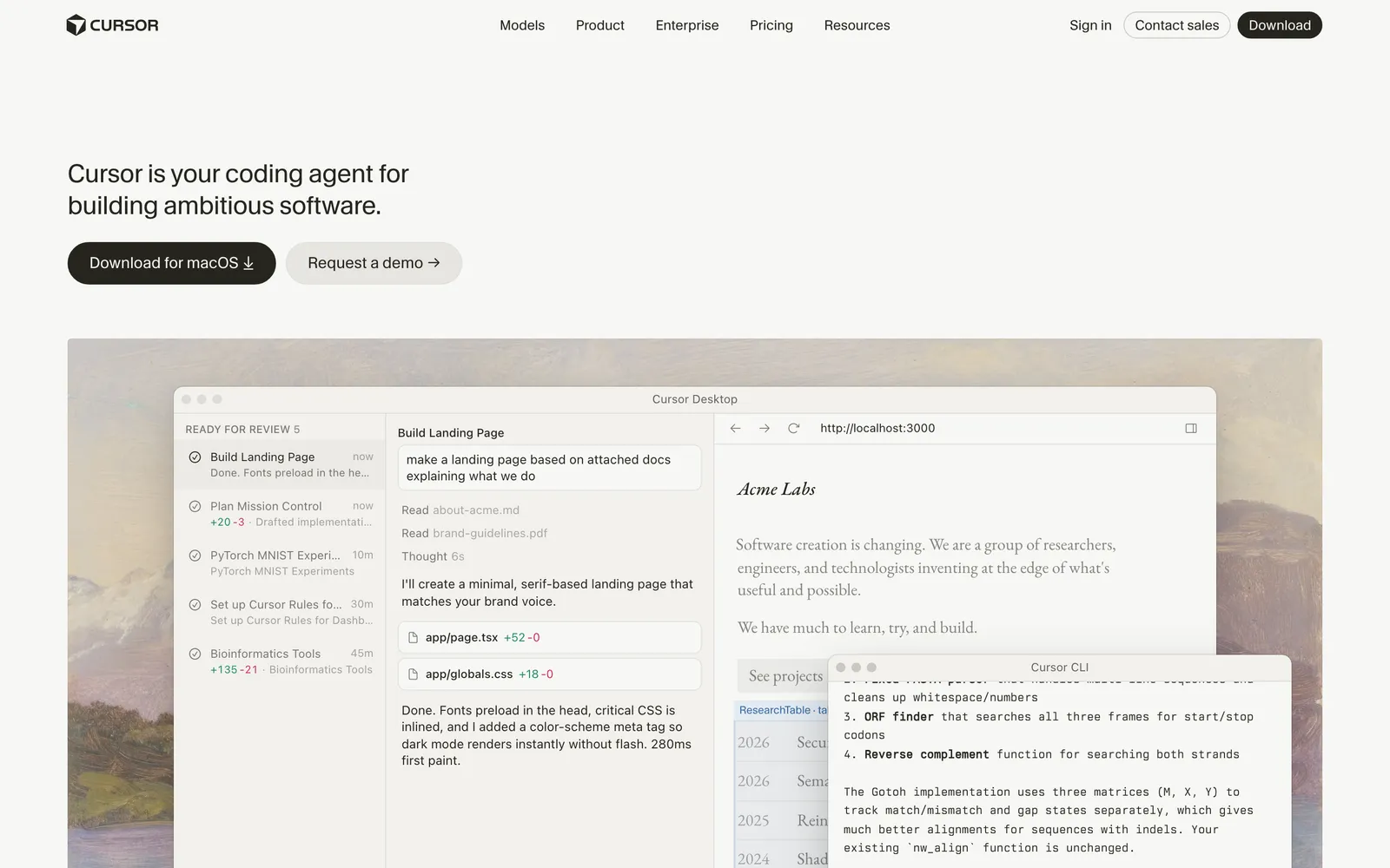 Cursor Bugbot homepage: Cursor is your coding agent for building ambitious software