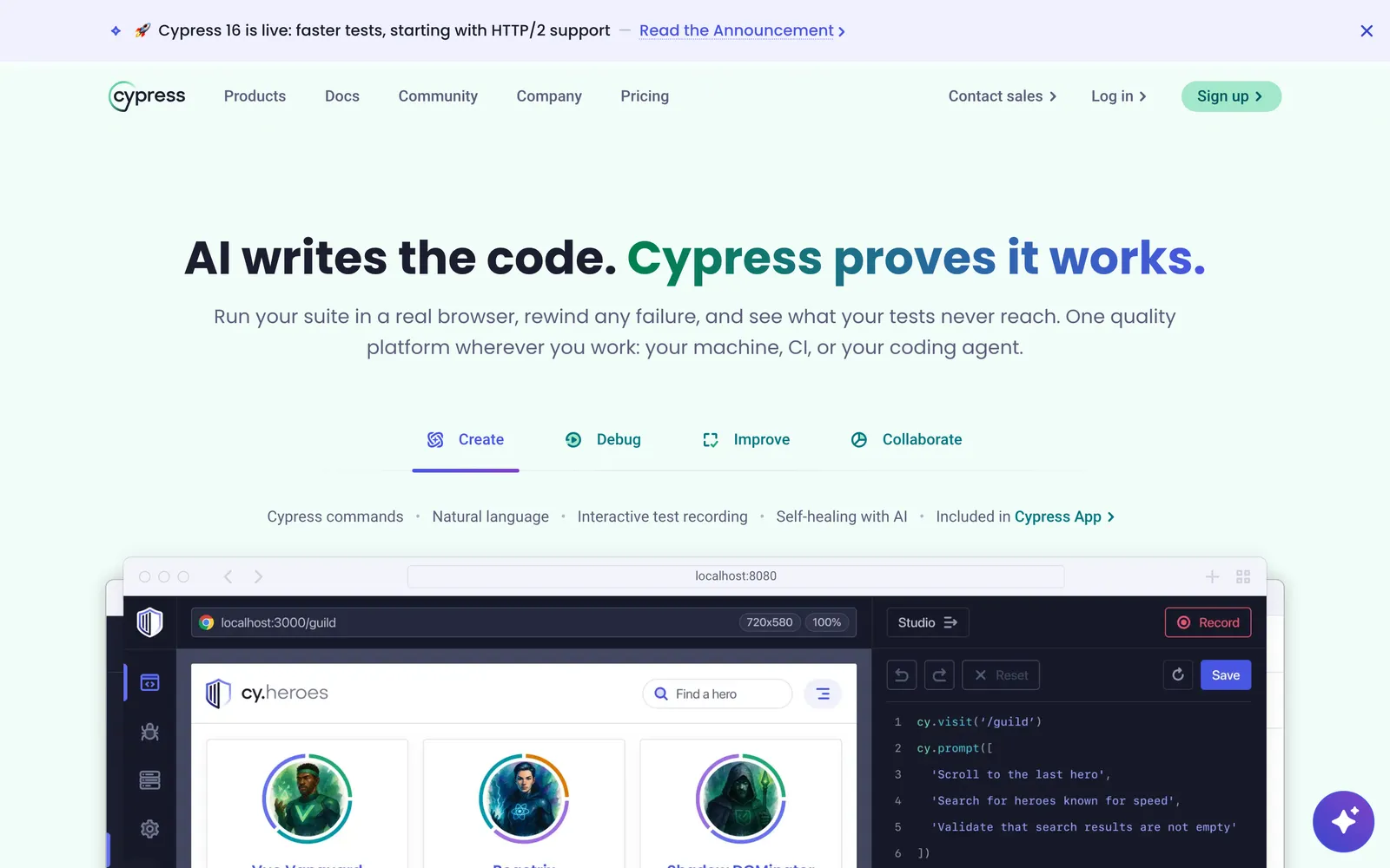 Cypress homepage: AI writes the code. Cypress proves it works.