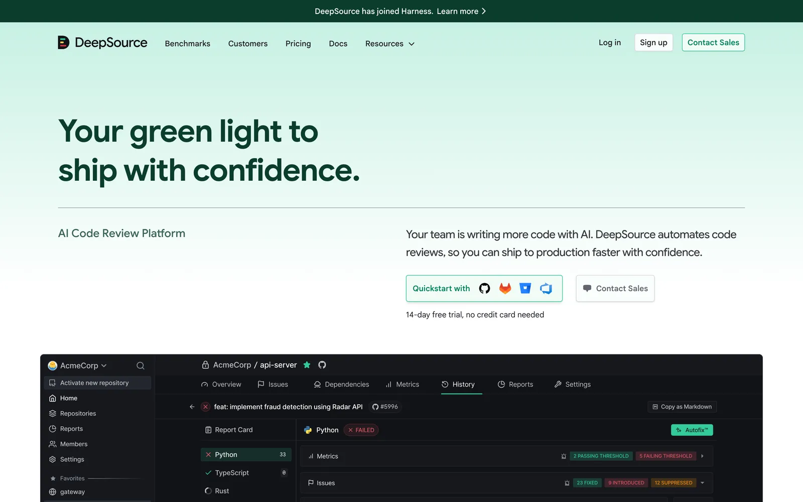 DeepSource homepage: Your green light to ship with confidence